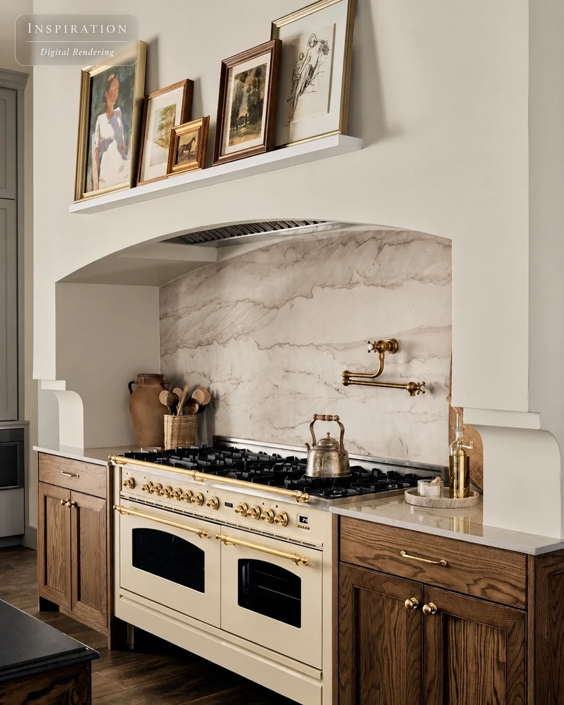 Warm kitchen inspiration with arched range alcove, stone backsplash and wood cabinets
